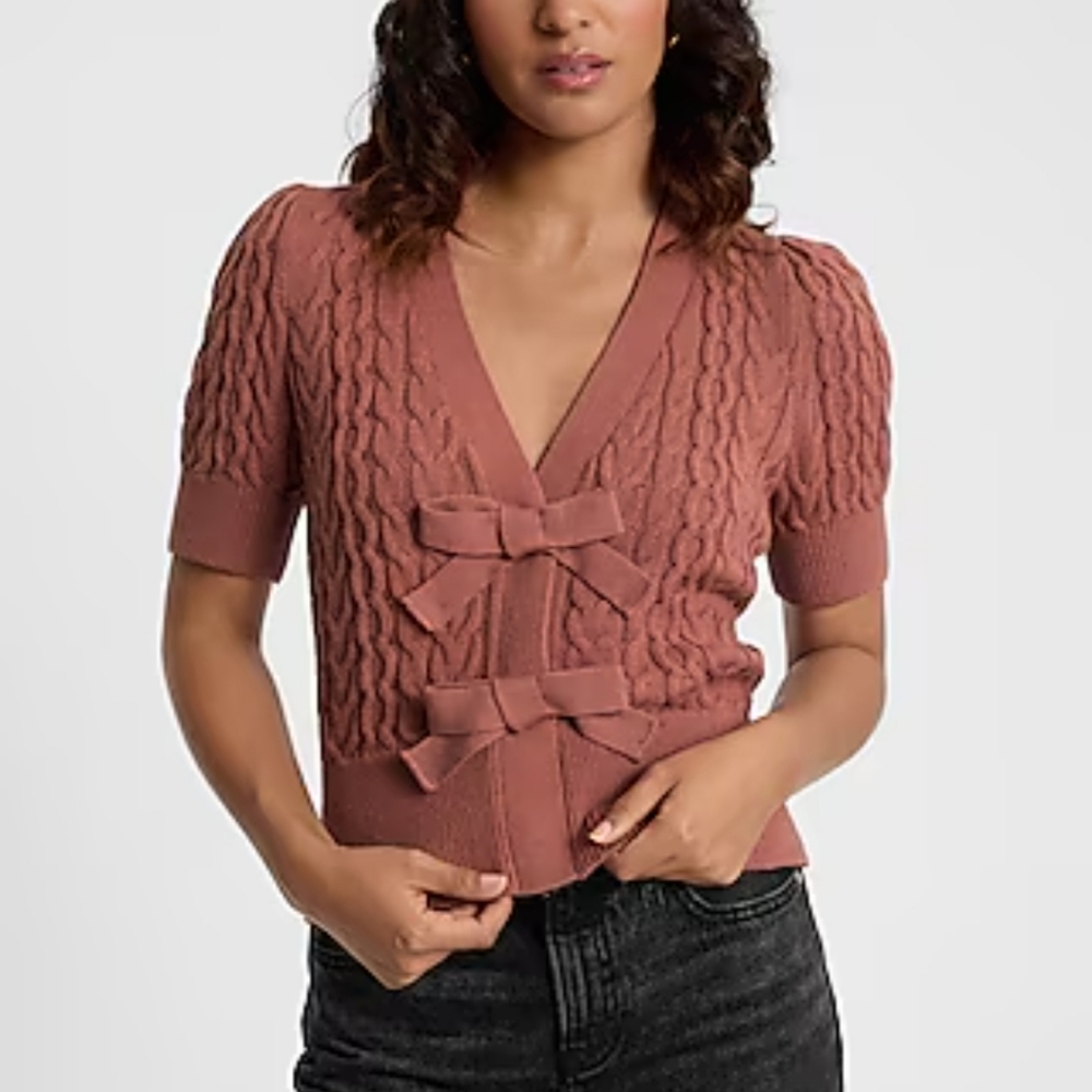 Express Dusty Rose Cable Knit Short Sleeve Cardigan with Bows